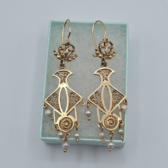 VTG 14K Yellow Gold Seed Pearl Drop Dangle Earrings LO Art Nouveau Revival MCM - Picture 3 of 14
